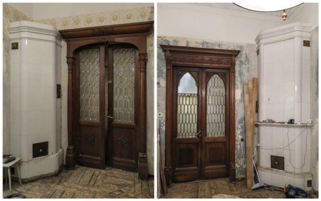 Двустворчатые двери с резьбой и фацетными витражными стеклами и белоглазурованные печи антиквариат архитектура история камины старый фонд
