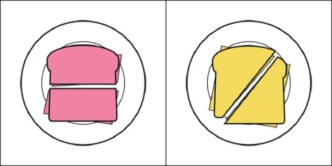 Одни разрезают сэндвич вдоль а другие по диагонали