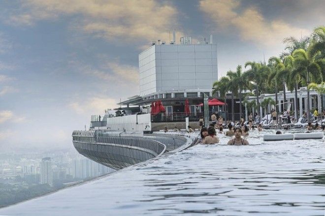 Бассейн отеля Marina Bay Sands с урбанистическим пейзажем