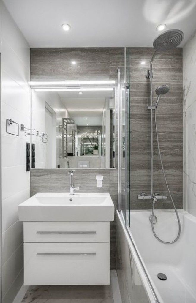 Для визуального зонирования ванной комнаты можно использовать любые нейтральные оттенки