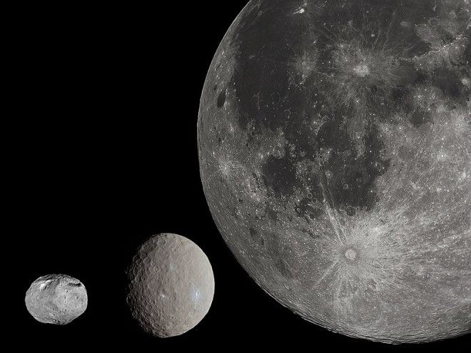 Сравнительные размеры астероида Весты карликовой планеты Цереры и Луны