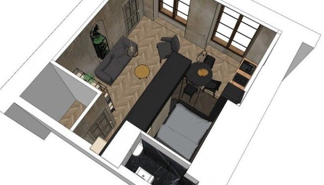 Схема расположения всех зон в преображенной маленькой квартире Проект Batiik Studio Фото cpykamiru