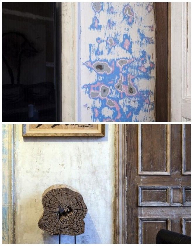 Оставленные нетронутыми стены и винтажные некрашеные двери сохранили несколько слоев старой краски