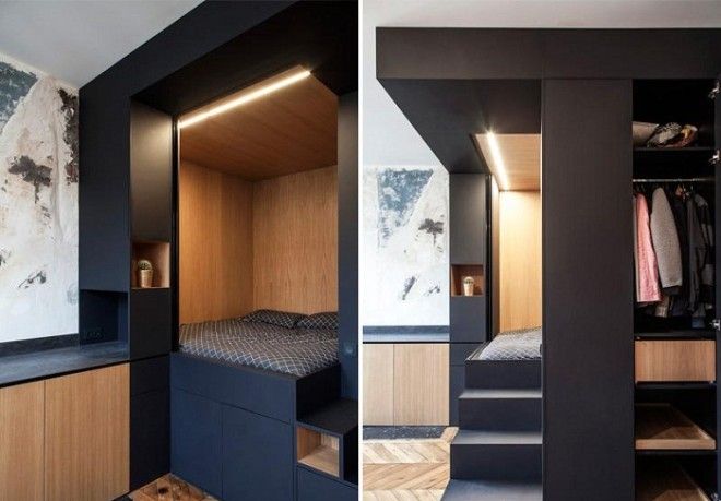 Встроенная спальня с гардеробной и кладовкой помогла высвободить много полезной площади Проект Batiik Studio Фото unwontedru