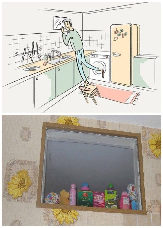 Окно между кухней и ванной каждый использовал на свое усмотрение