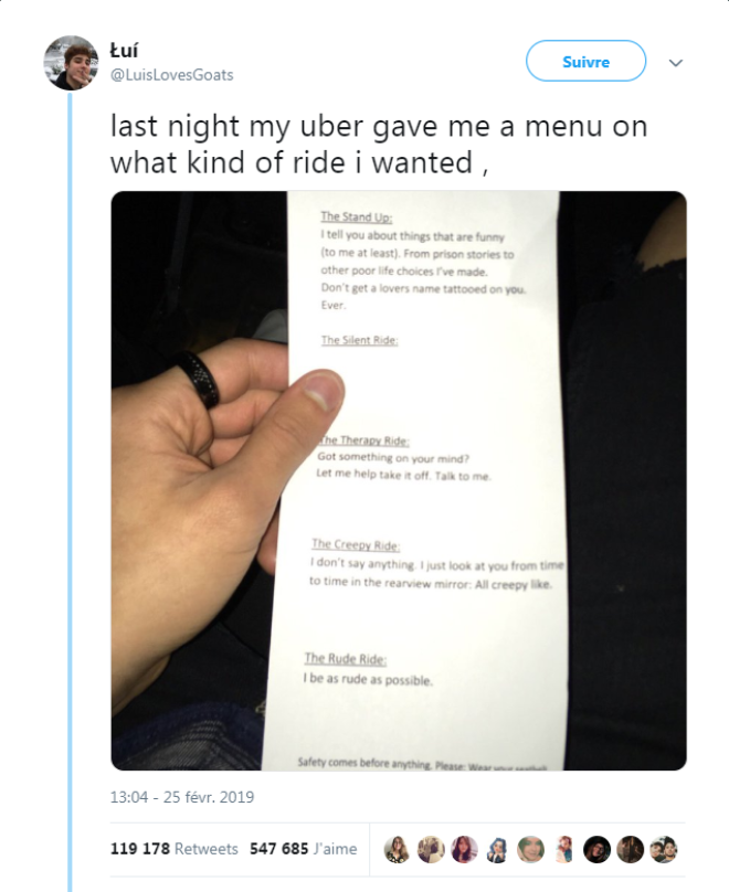 Sарень вызвал обычный Uber Когда он сел в автоводитель дал ему эту бумажку