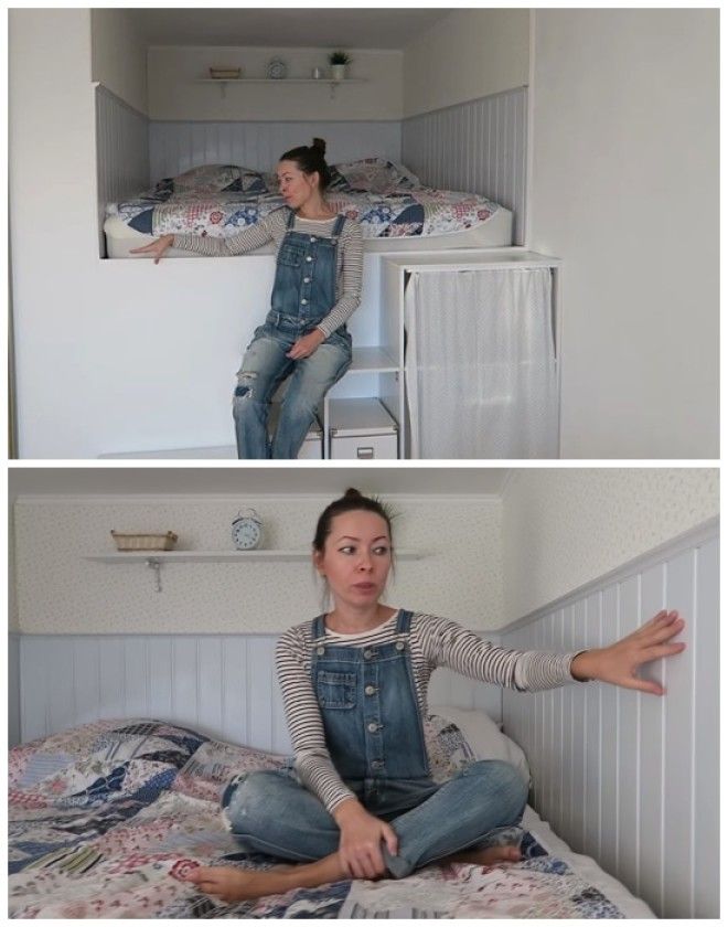 На высоком подиуме в образовавшейся нише девушка сделала настоящую спальню Фото youtubecom