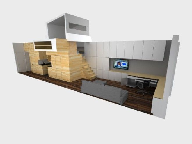 Оформление суперузкой квартиры с помощью уникальной мебельной конструкции EVillage Studio Фото archiloverscom 